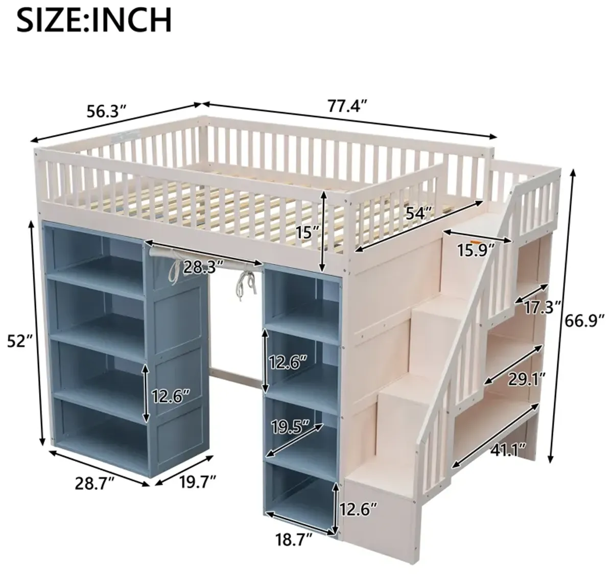 Merax Loft Bed with 2 Four-layer Storage Cabinets and Curtain