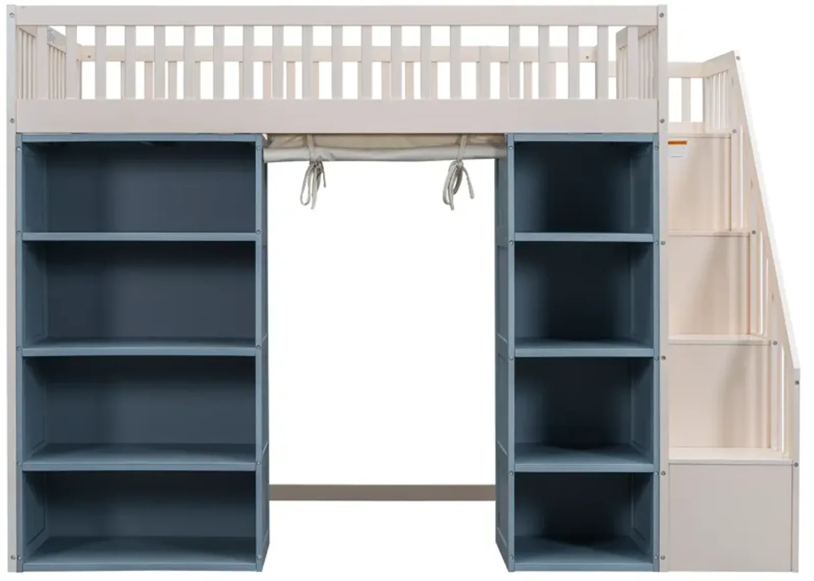 Merax Loft Bed with 2 Four-layer Storage Cabinets and Curtain