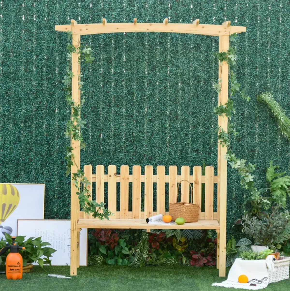 Natural Wood Garden Seat: 2-Person Bench Arch with Protective Varnish