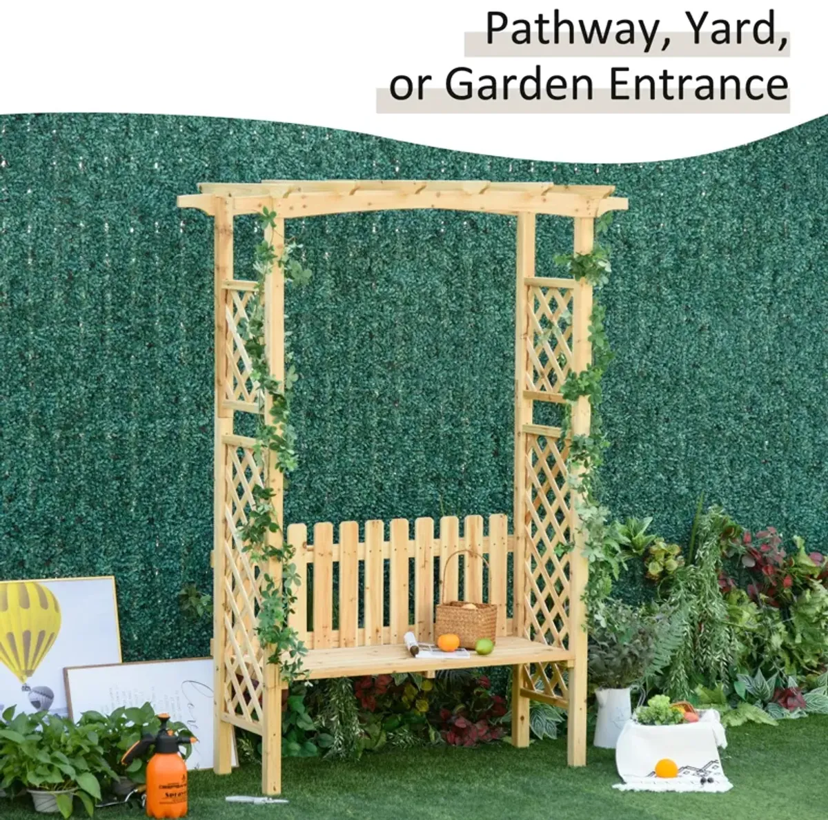 Natural Wood Garden Seat: 2-Person Bench Arch with Protective Varnish