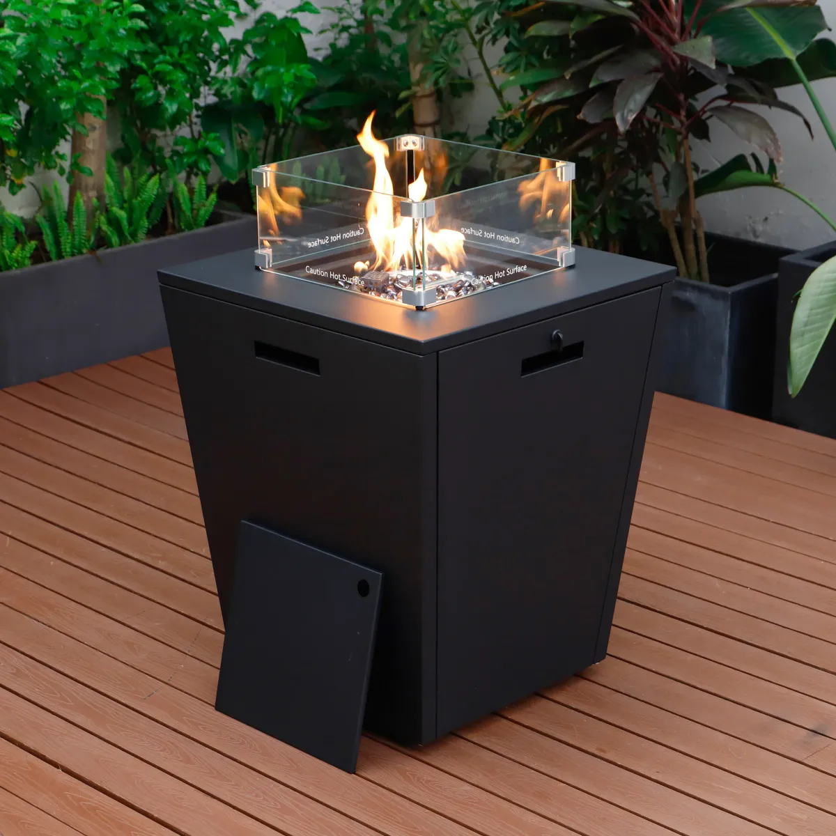 LeisureMod Marlin Black Aluminum Patio Chaise Lounge Chair with Arms Set of 2 & White Fire Pit Table
