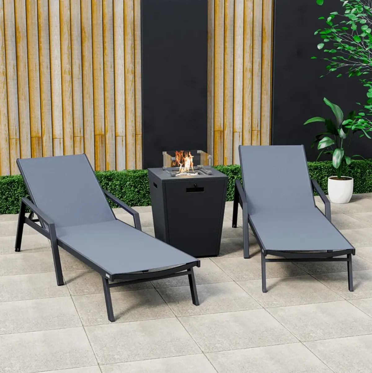 LeisureMod Marlin Black Aluminum Patio Chaise Lounge Chair with Arms Set of 2 & White Fire Pit Table