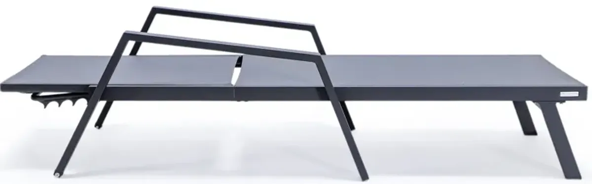 LeisureMod Marlin Black Aluminum Patio Chaise Lounge Chair with Arms Set of 2 & White Fire Pit Table