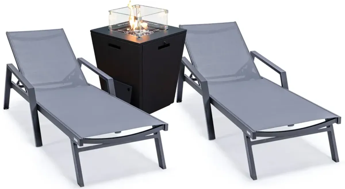 LeisureMod Marlin Black Aluminum Patio Chaise Lounge Chair with Arms Set of 2 & White Fire Pit Table