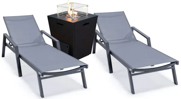 LeisureMod Marlin Black Aluminum Patio Chaise Lounge Chair with Arms Set of 2 & White Fire Pit Table
