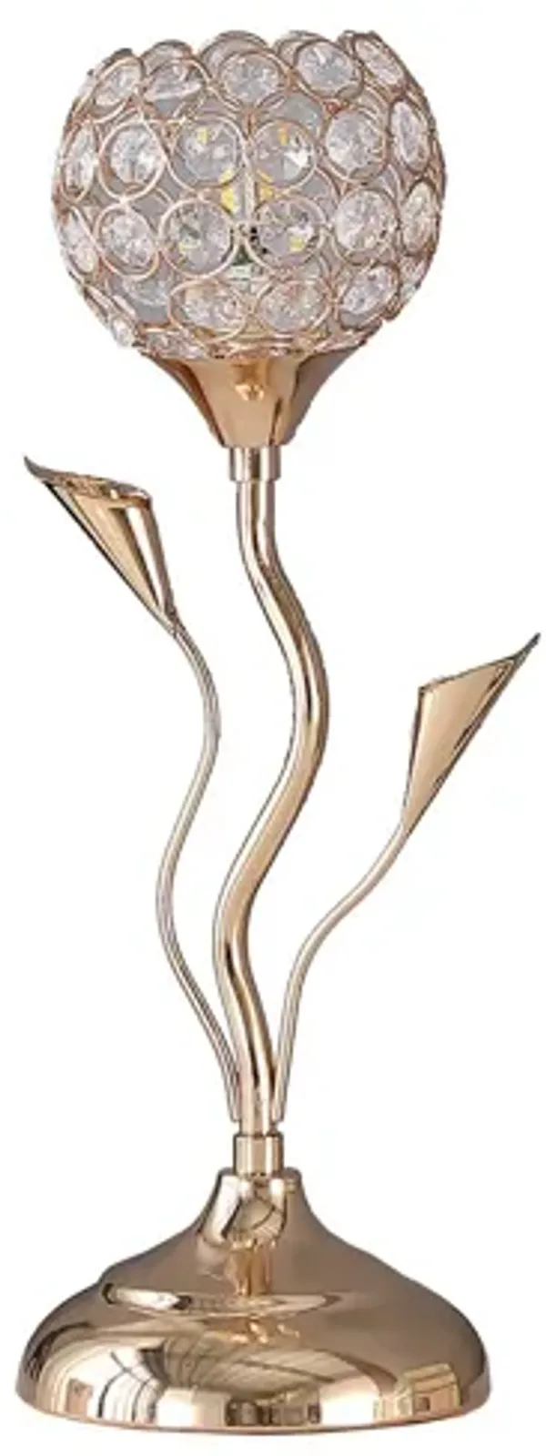 Metal Table Lamp with Floral Shade and Acrylic Crystals, Gold - Benzara