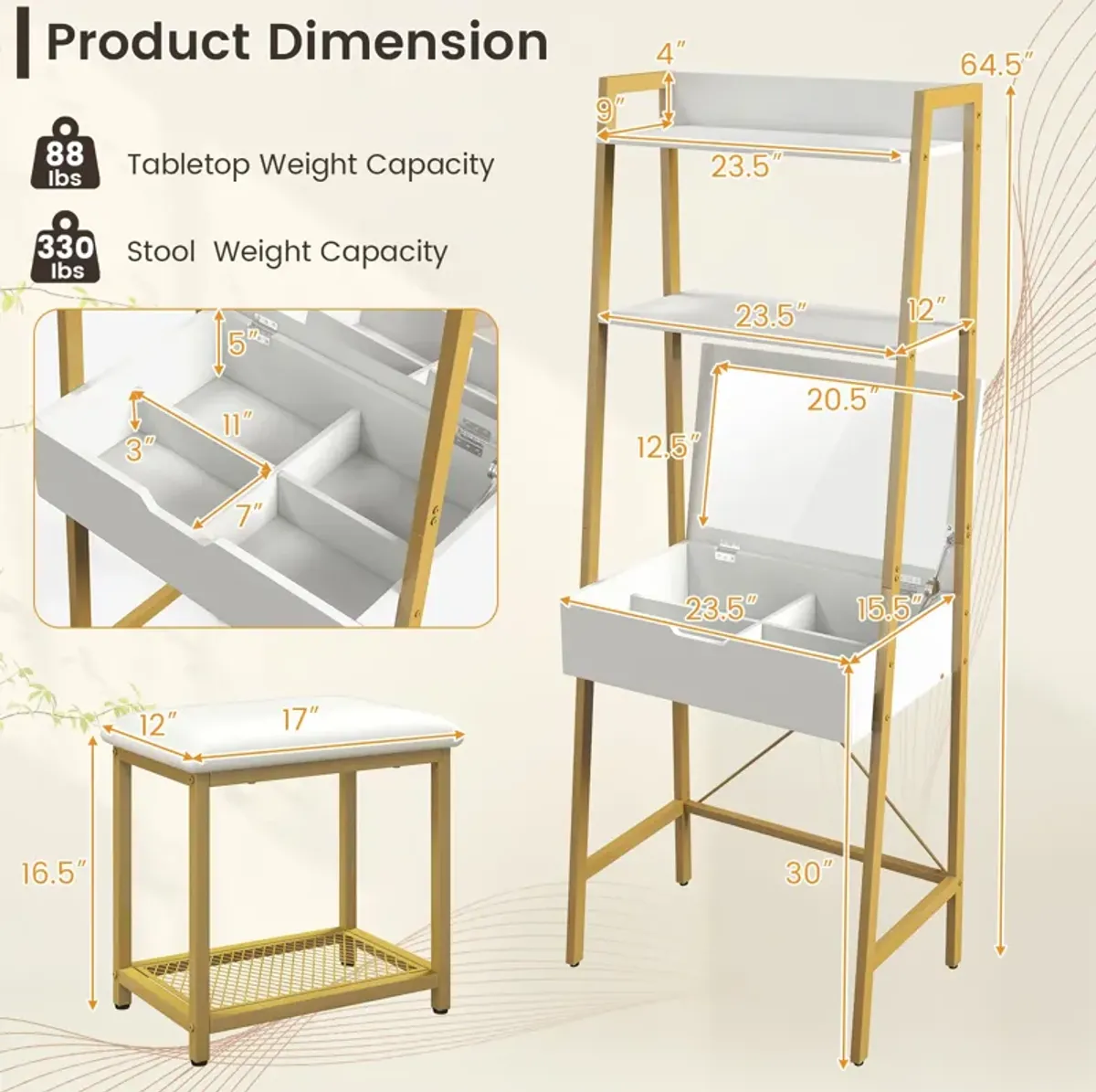 Ladder Vanity Desk Set with Flip Top Mirror and Cushioned Stool