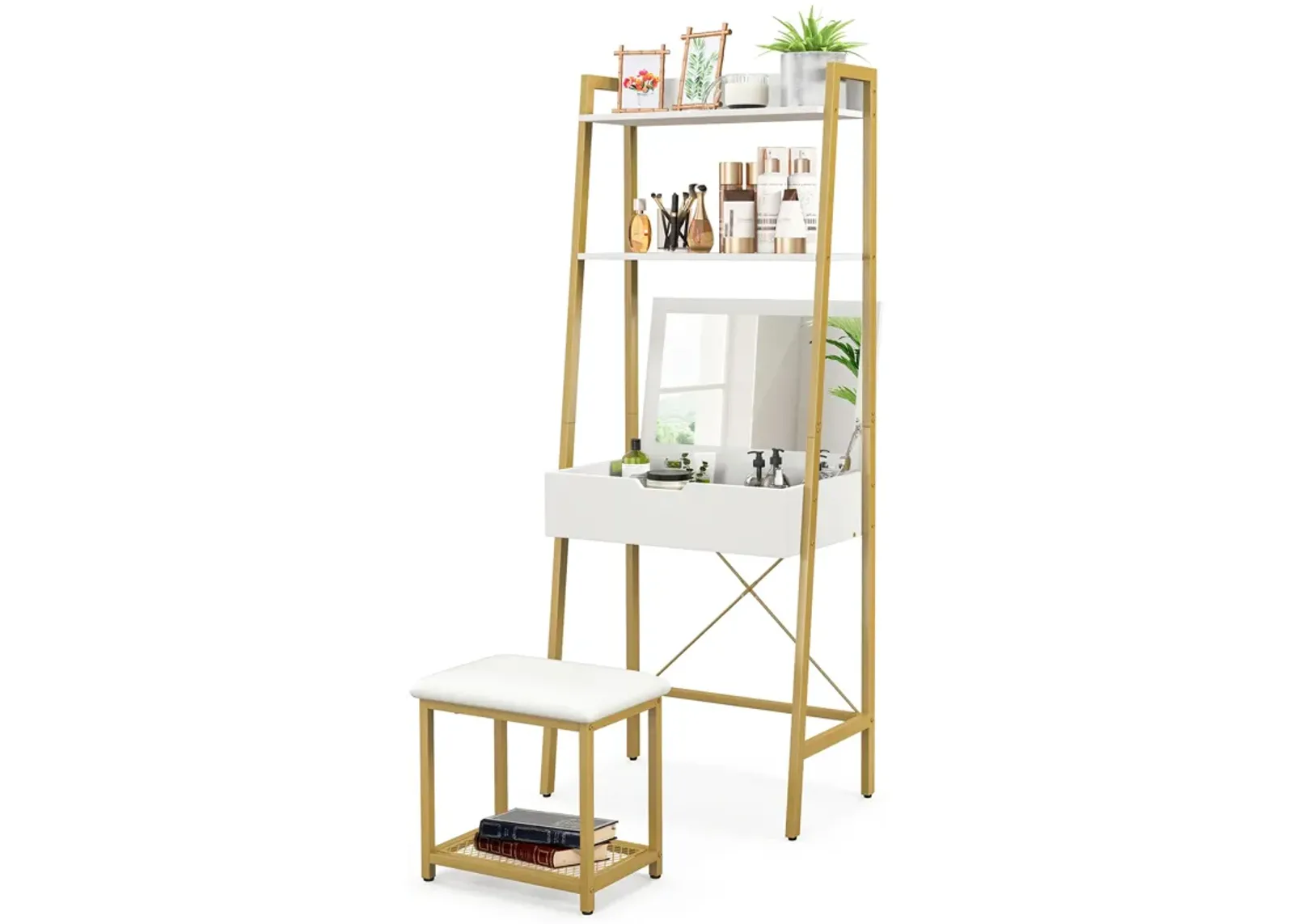 Ladder Vanity Desk Set with Flip Top Mirror and Cushioned Stool