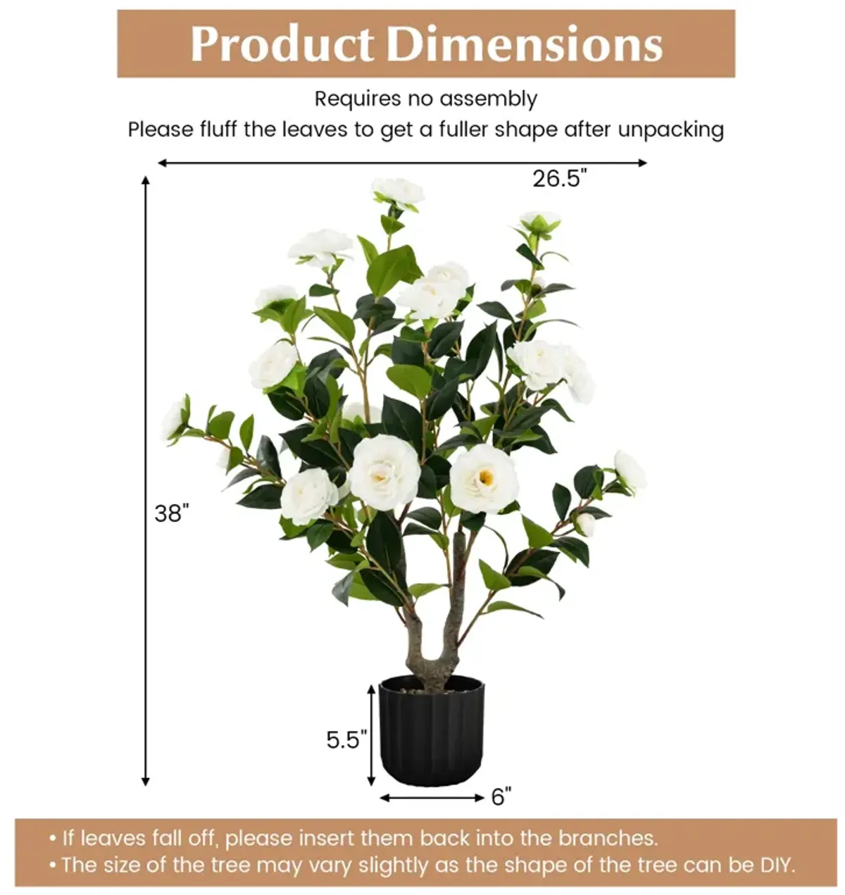 38 Inch Artificial Camellia Tree Faux Flower Plant in Cement Pot