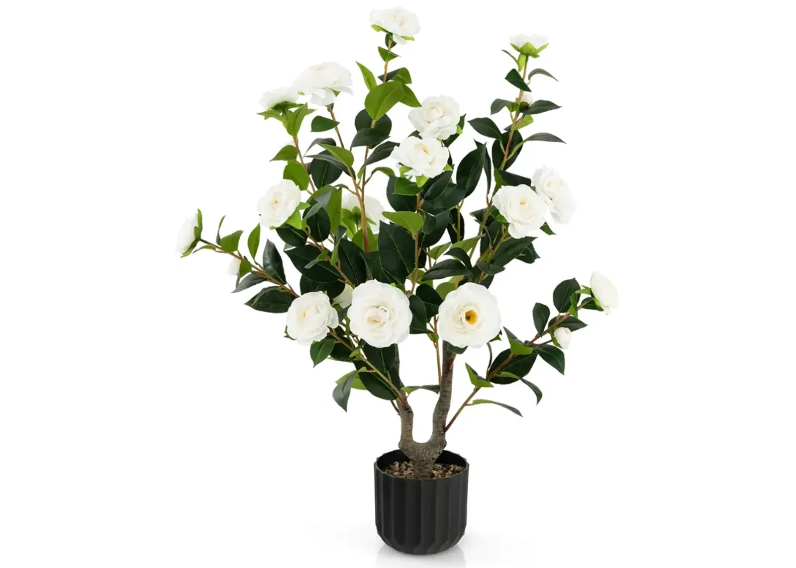 38 Inch Artificial Camellia Tree Faux Flower Plant in Cement Pot