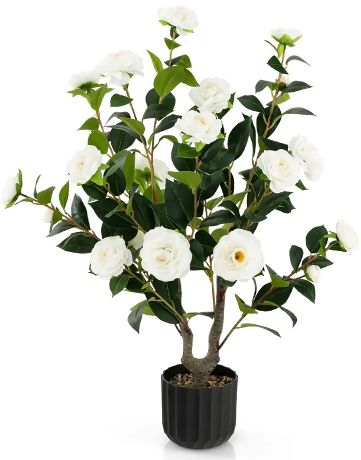 38 Inch Artificial Camellia Tree Faux Flower Plant in Cement Pot