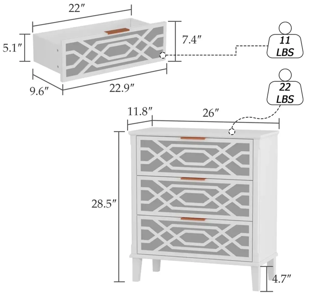 3-Drawers White Wood Mirrored Paint Nightstands Bedside Table with Mirror Finish (28.5 in. H x 11.8 in. D x 26 in. W)