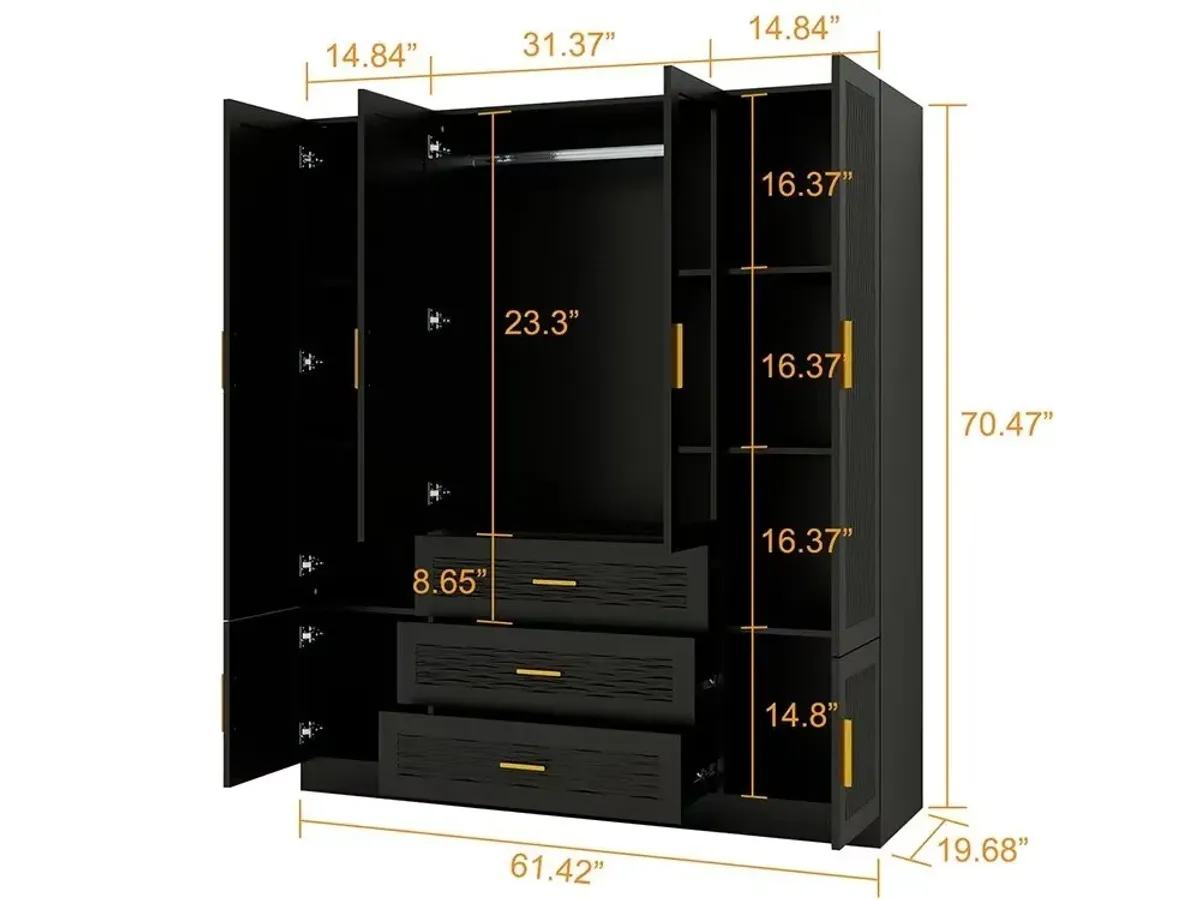 Black Wooden Armoire Wardrobe Closet with 4 Doors, Hanging Rods, 3 Drawers, 2 Mirror & Shelves 2 Large Clothes Cabinet for Bedroom Storage and Organization