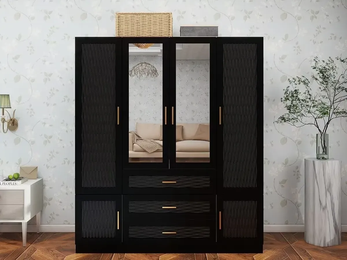 Black Wooden Armoire Wardrobe Closet with 4 Doors, Hanging Rods, 3 Drawers, 2 Mirror & Shelves 2 Large Clothes Cabinet for Bedroom Storage and Organization