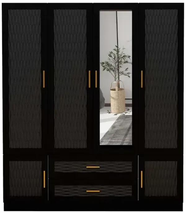 Black Wooden Armoire Wardrobe Closet with 4 Doors, Hanging Rods, 3 Drawers,  Mirror & Shelves 2 Large Clothes Cabinet for Bedroom Storage and Organization