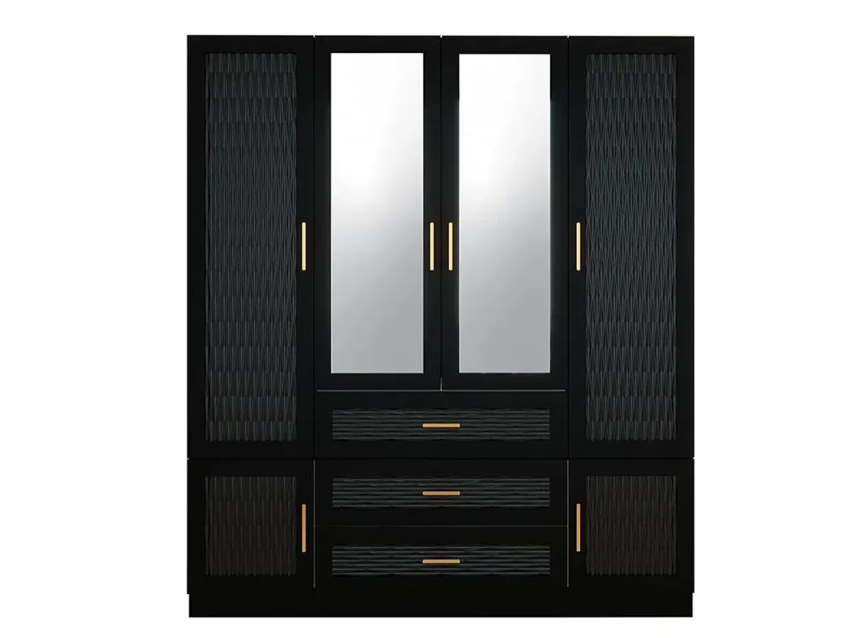 Black Wooden Armoire Wardrobe Closet with 4 Doors, Hanging Rods, 3 Drawers, 2 Mirror & Shelves 2 Large Clothes Cabinet for Bedroom Storage and Organization