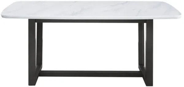 Dining Table with Marble Top and Trestle Base, Gray - Benzara