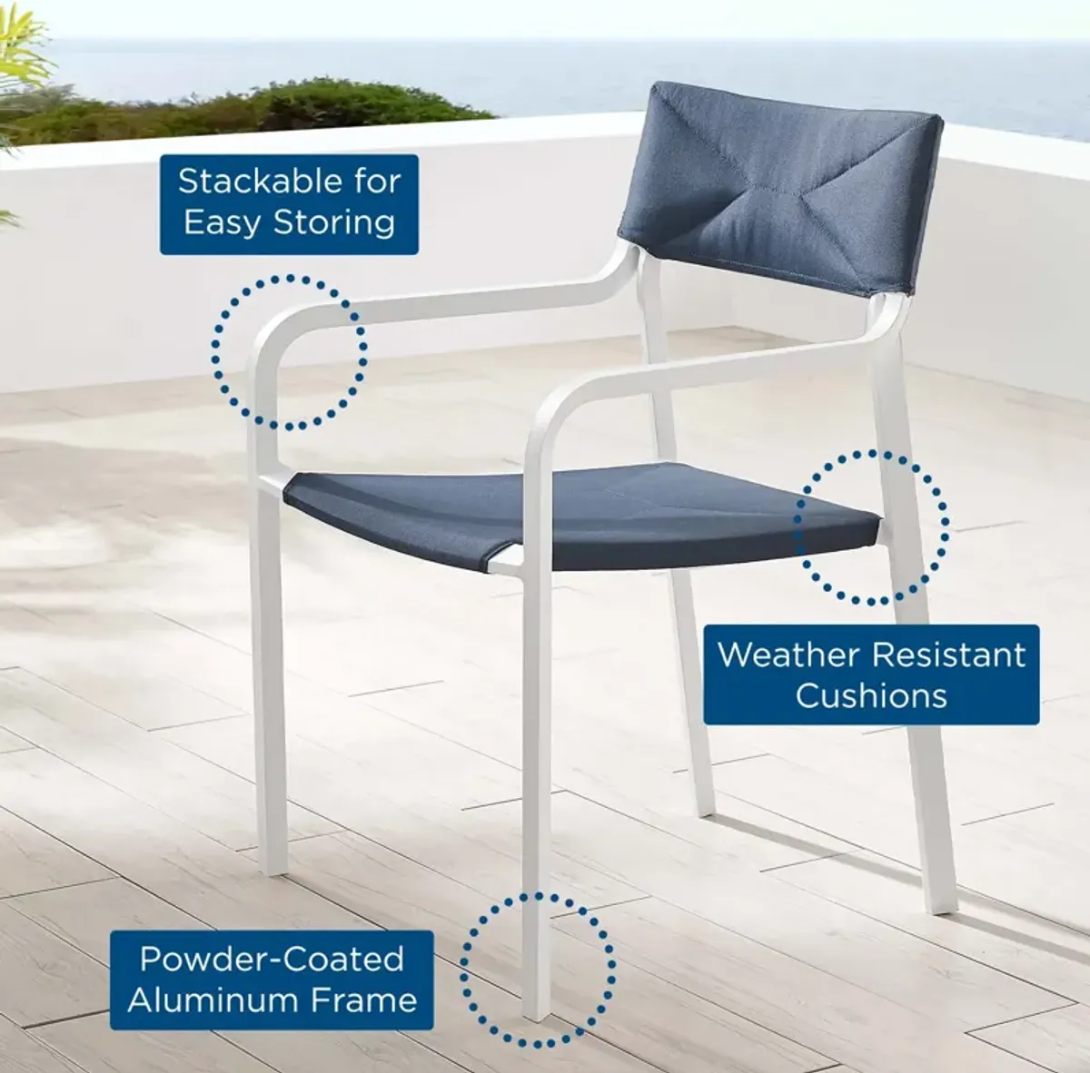 Modway EEI-3573-WHI-NAV Raleigh Outdoor Patio Aluminum Stackable Dining Armchair (Fully Assembled), White Navy