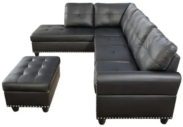 CP HomeDecor Devion Furniture Faux Leather Sectional Sofa with Ottoman-Black