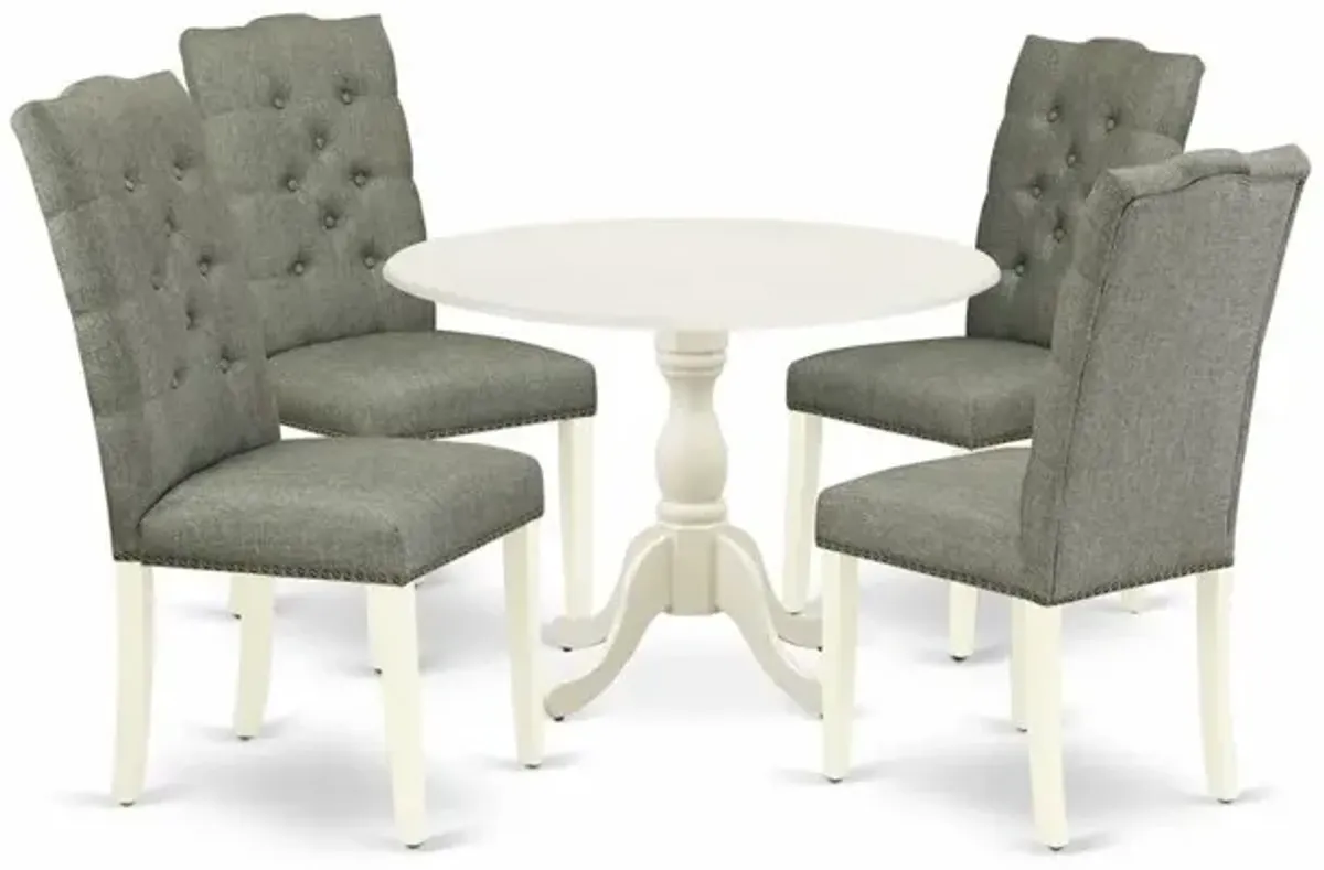 East West Furniture DMEL5-LWH-07 5 Piece Dining Table Set Includes 1 Drop Leaves Wooden Table and 4 Smoke Linen Fabric Dining Room Chairs Button Tufted Back with Nail heads - Linen White Finish