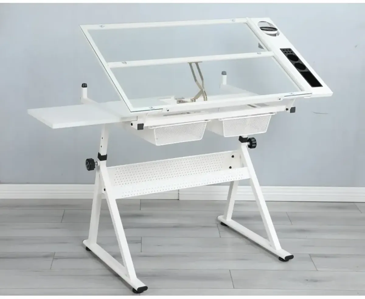 White Adjustable Tempered Glass Drafting Printing Table With Chair