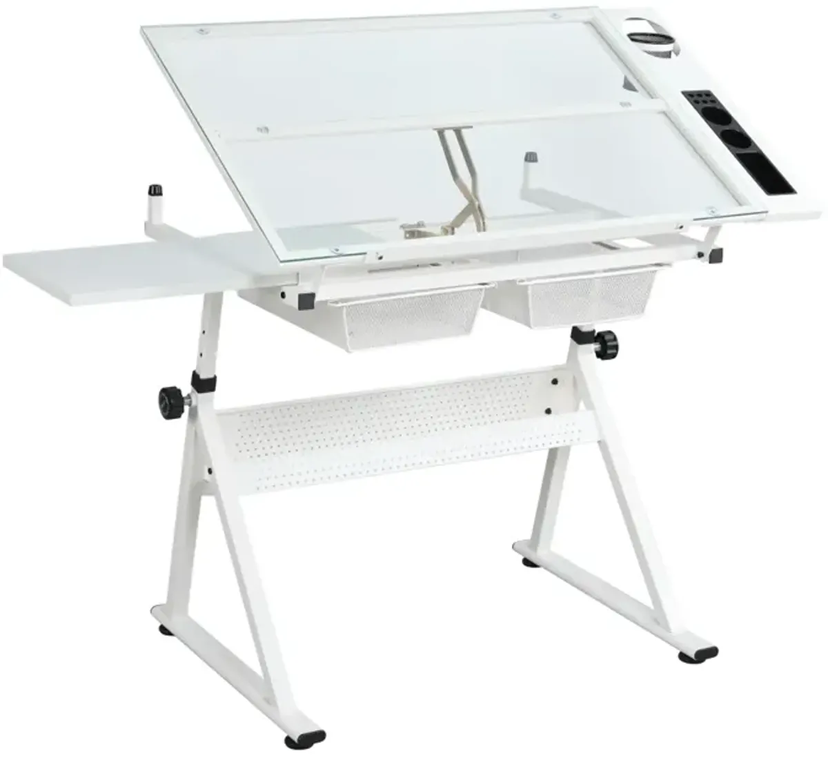 White Adjustable Tempered Glass Drafting Printing Table With Chair