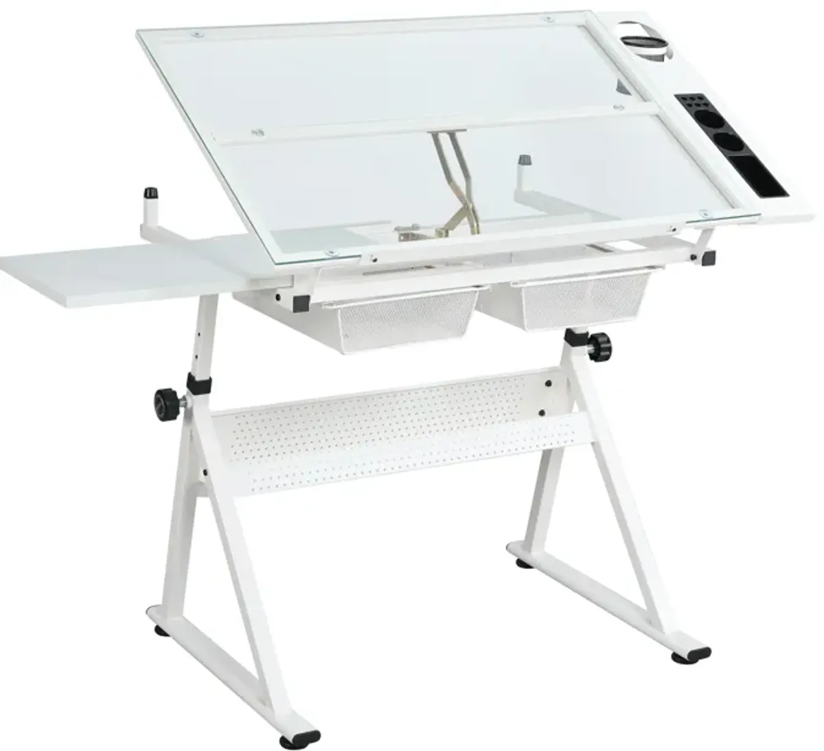 White Adjustable Tempered Glass Drafting Printing Table With Chair