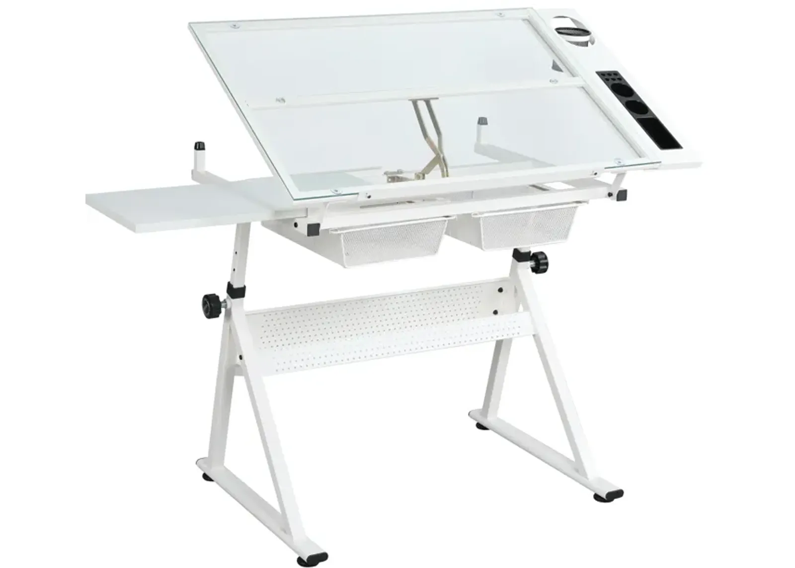 White Adjustable Tempered Glass Drafting Printing Table With Chair