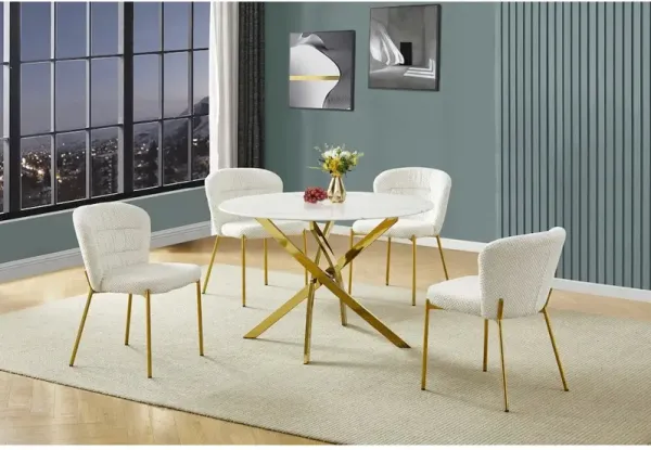 Best Quality Furniture Round White Marble Wrap Glass Ding Table With 4 Cream Side Chairs