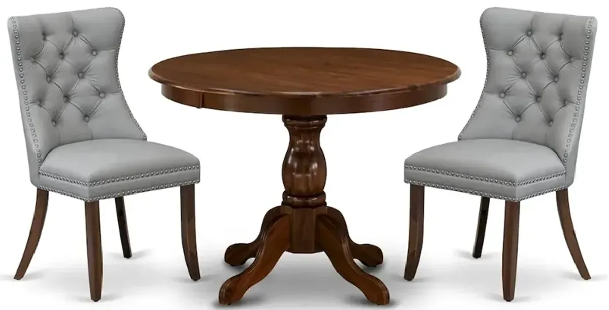 East West Furniture HBDA3-AWA-27 3 Piece Dining Room Table Set Includes a Round Kitchen Table and 2 Upholstered Parson Chairs, 42x42 Inch, Antique Walnut