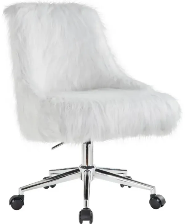 Swivel Office Chair with Faux Fur Fabric, White and Chrome-Benzara