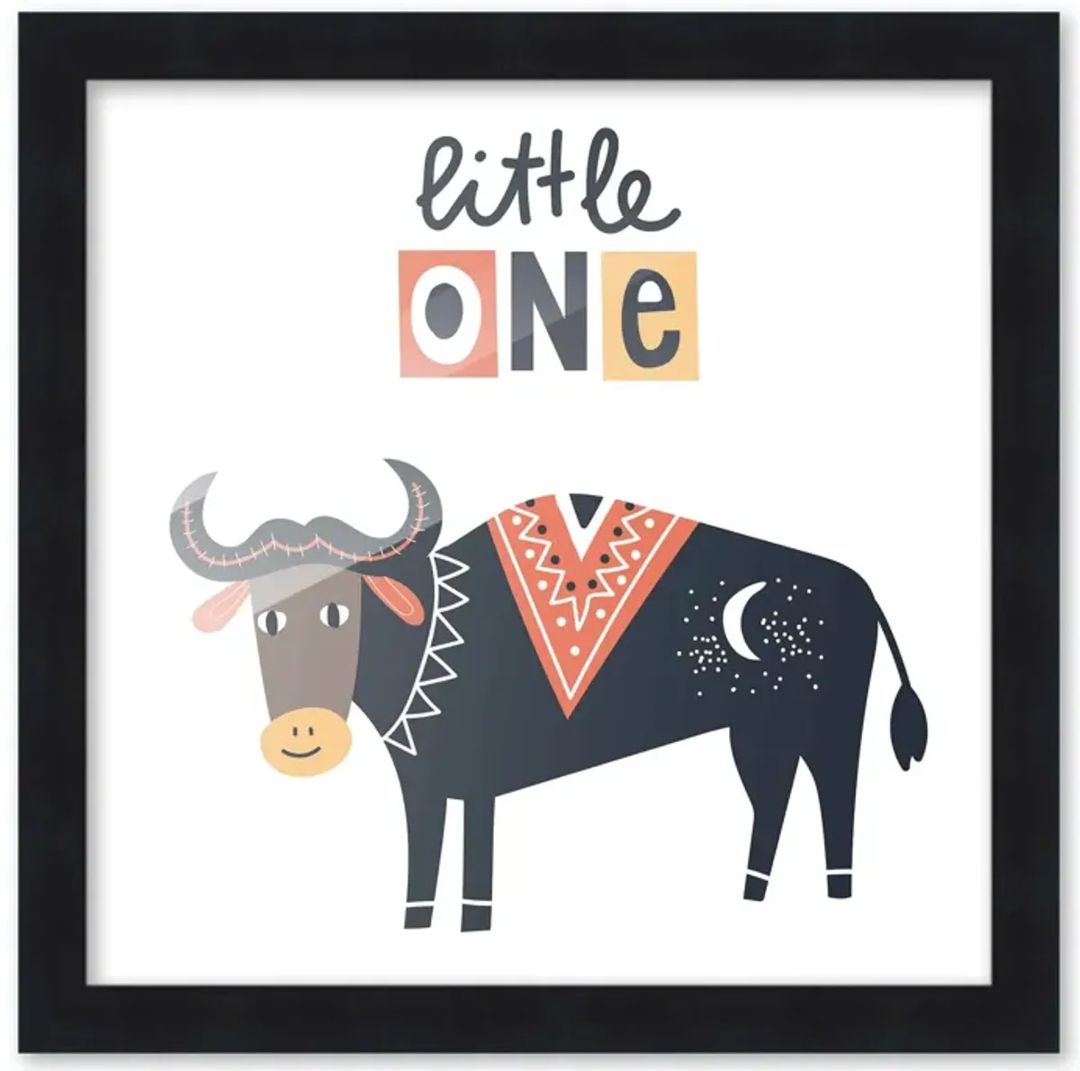 10x10 Framed Nursery Wall Art Little One Bull Poster In Black Wood Frame For Kid Bedroom or Playroom