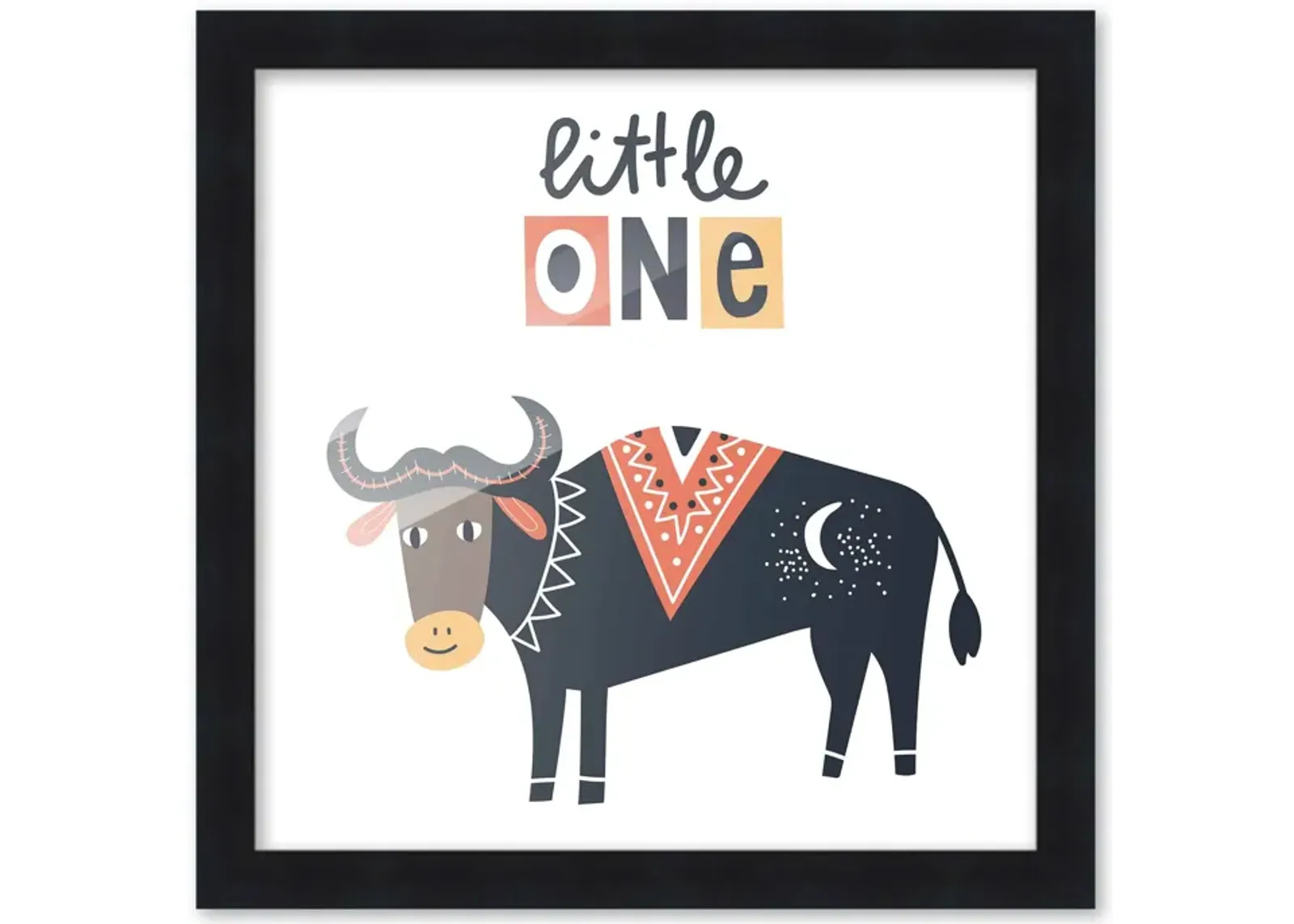 10x10 Framed Nursery Wall Art Little One Bull Poster In Black Wood Frame For Kid Bedroom or Playroom