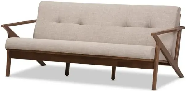 Baxton Studio Bianca Mid-Century Modern Walnut Wood Light Grey Fabric Tufted 3-Seater Sofa