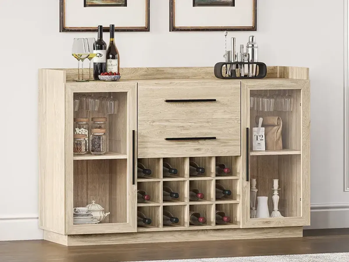BELLEZE 55" Wine Cabinet, Sideboard Buffet with Wine Rack and Glass Holder, Home Coffee Bar Freestanding Liquor Cabinet with Display Glass Doors for Living Room, Dining Room - Marcel (White Lotus)