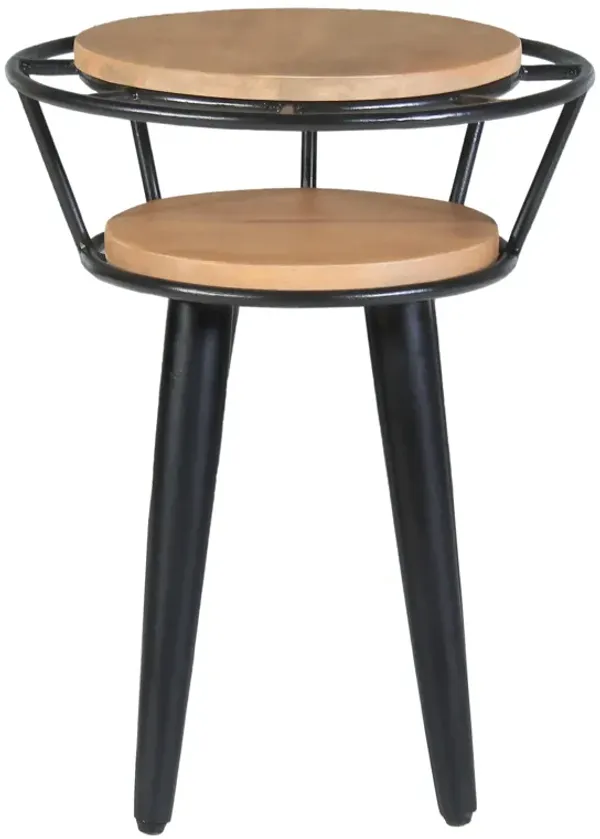 20 Inch Handcrafted Industrial End Table, 2 Tier Round Wood Shelves, Metal Frame, Oak Brown and Black-Benzara