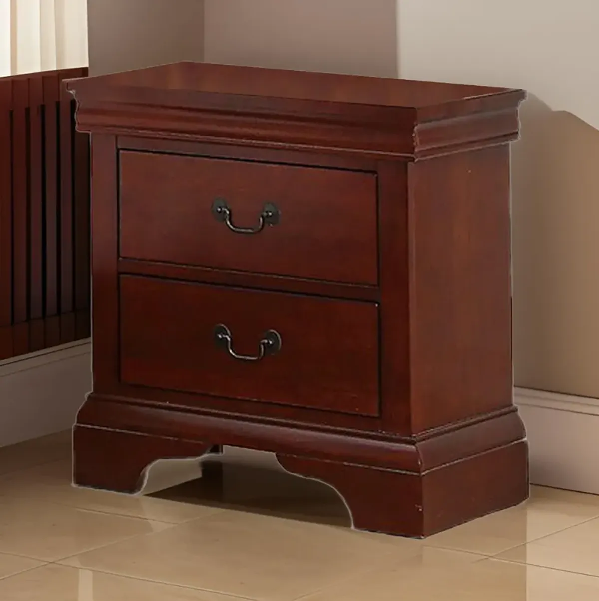 2 Drawer Wooden Nightstand with Panel Bracket Feet, Cherry Brown-Benzara