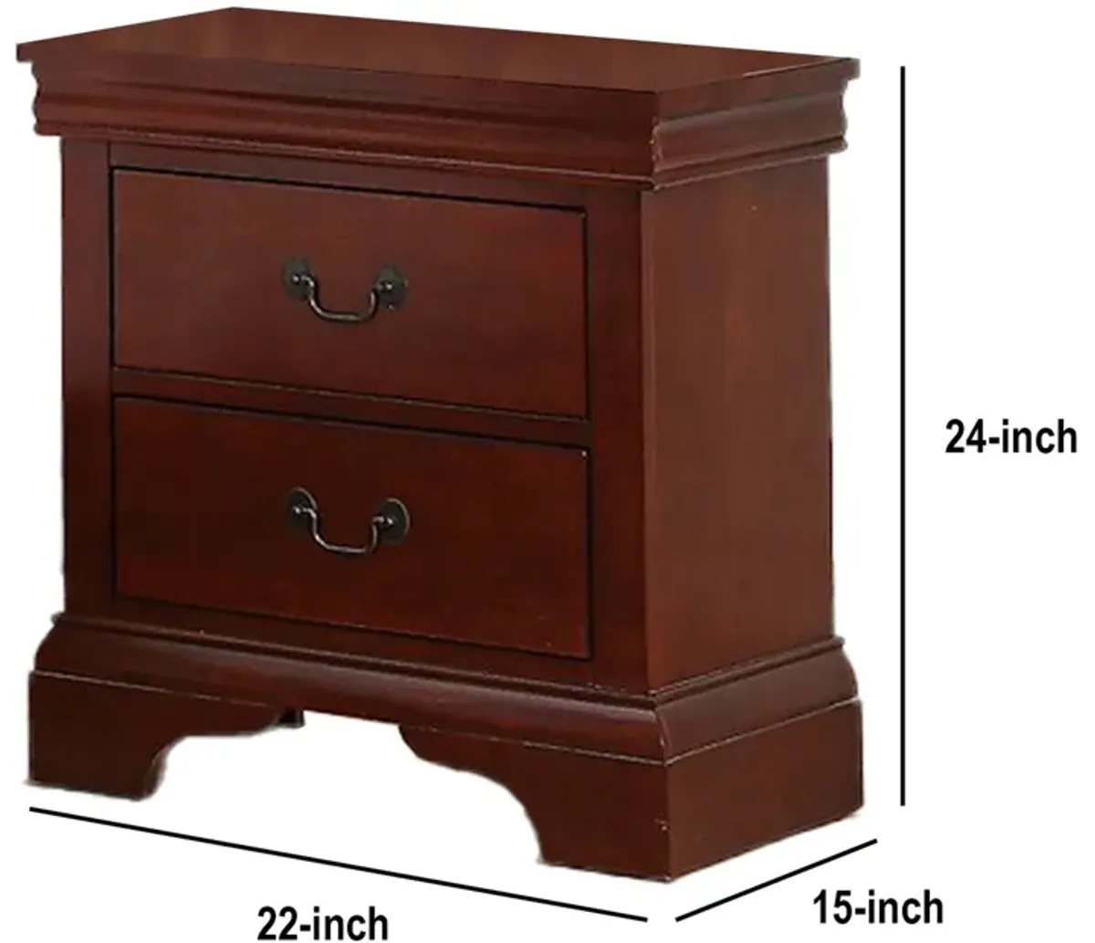 2 Drawer Wooden Nightstand with Panel Bracket Feet, Cherry Brown-Benzara