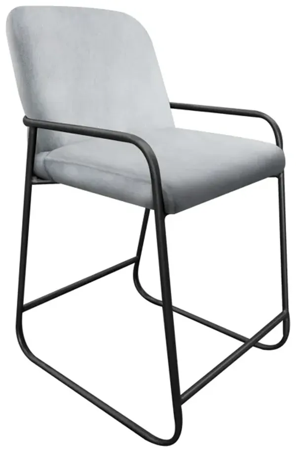 Suze Counter Height Chair, Arched Back, Black Iron, Light Beige Polyester - Benzara