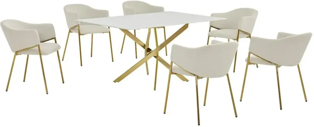 Best Quality Furniture Rectangle Marble Wrap Tempered Glass Dining Table With 6 Linen Beige Side Chairs