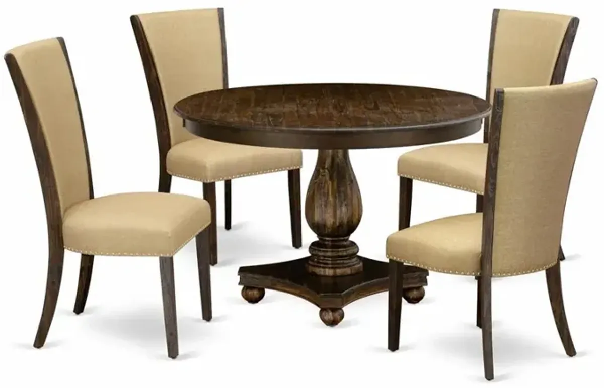 East West Furniture 5-Piece Modern Dining Set - Pedestal Dining Table and 4 Brown Color Parson Dining Chairs with High Back - Distressed Jacobean Finish