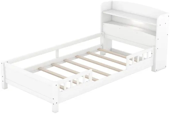 Whisen Wood Twin Size Platform Bed with Built-in LED Light, Storage Headboard and Guardrail