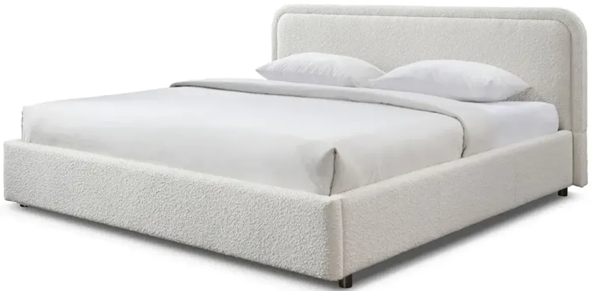 Omax Decor Upholstered Platform King Bed in White Boucle Fabric