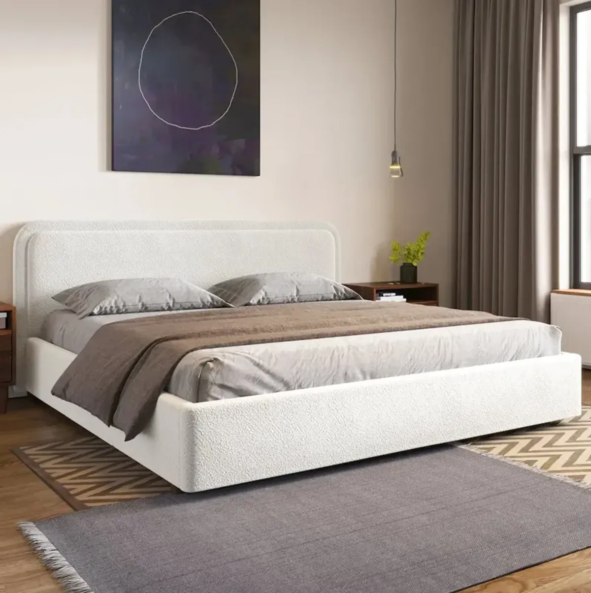 Omax Decor Upholstered Platform King Bed in White Boucle Fabric