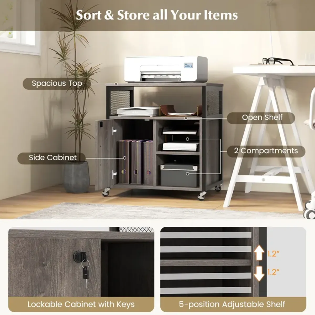 File Cabinet on Wheels with Charging Station and Cable Management Hole