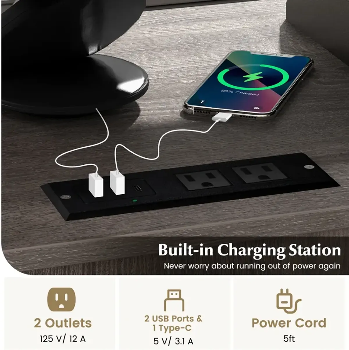 File Cabinet on Wheels with Charging Station and Cable Management Hole