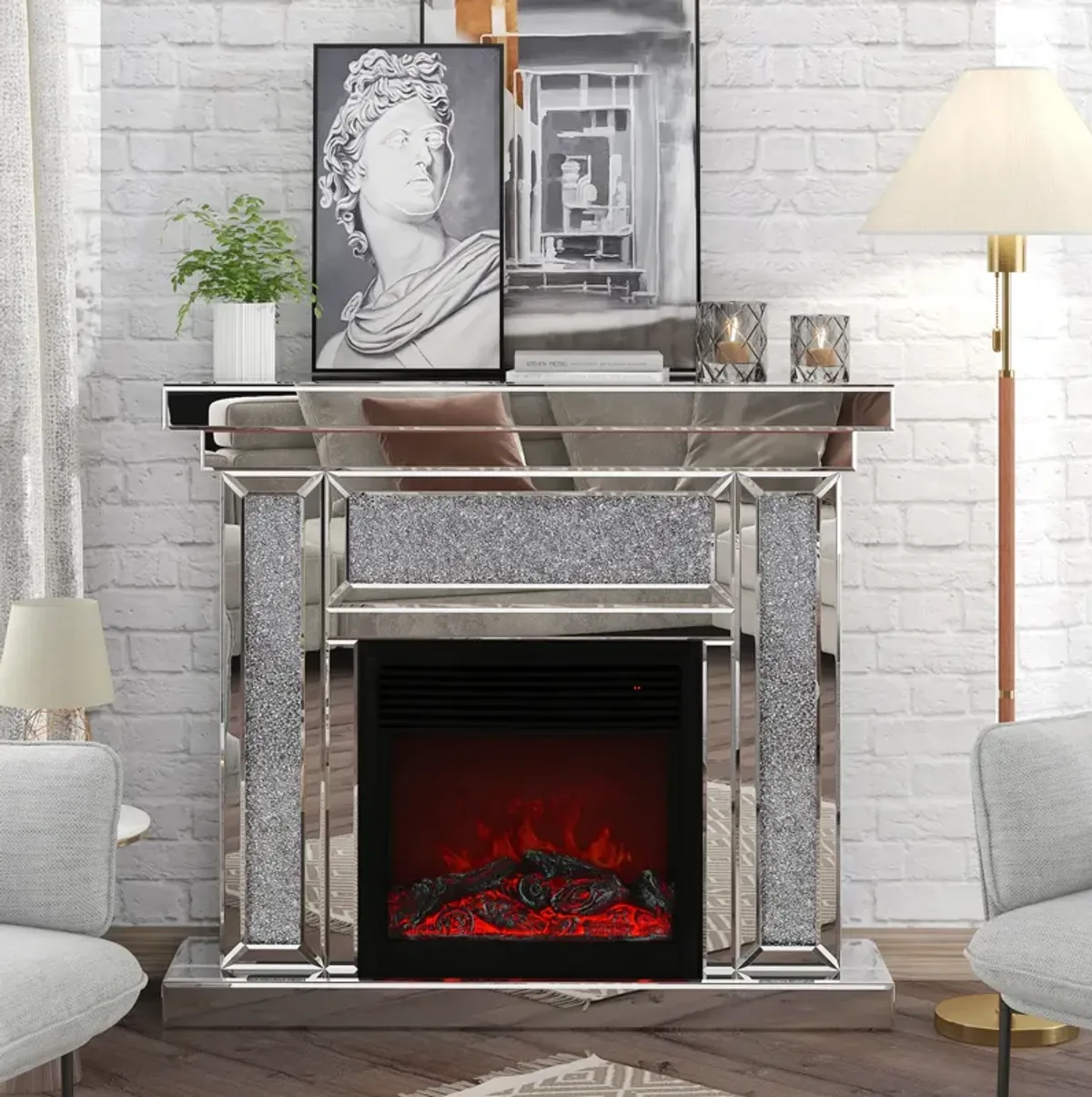 Streamdale Acrylic Diamond Mirror Mantelpiece with Electric Heater