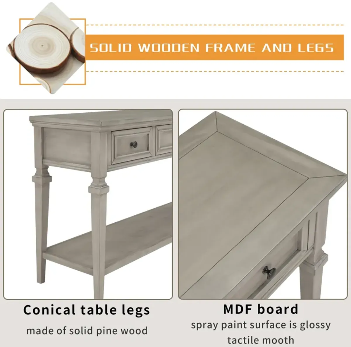 Vintage-Inspired Retro Style Console Table Three Top Drawers, Antique White