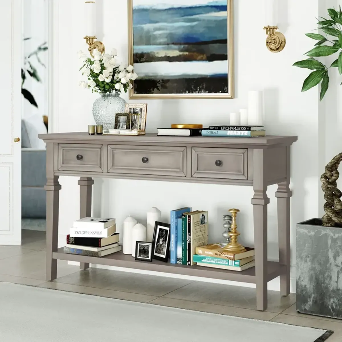 Vintage-Inspired Retro Style Console Table Three Top Drawers, Antique White