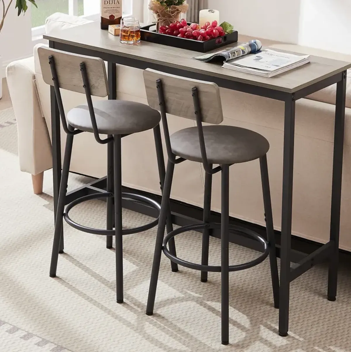 Bar Table Set With 2 Bar Stools PU Soft Seat With Backrest, 43.31" L X 15.75" W X 35.43"